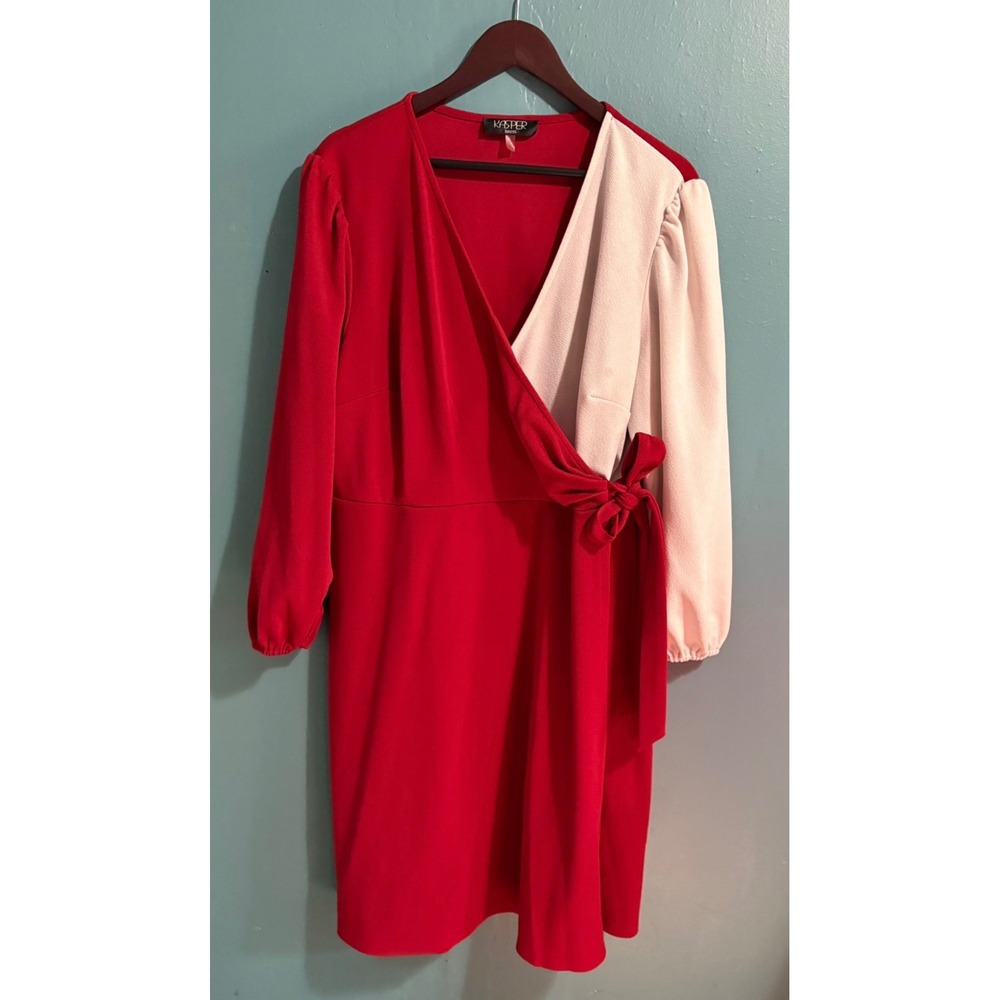 Plus 2X Colorblock Romantic Wrap Dress Red Ivory Long Sleeve V-Neck Tie Side
